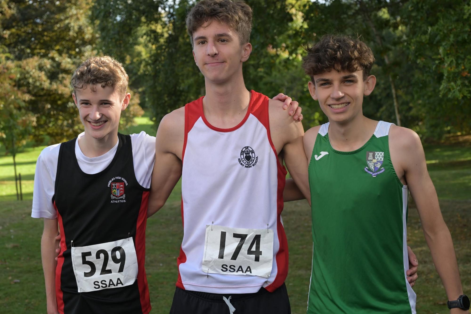 From left, Jack Foley, Oliver Hastie and Seb Darlow at 2026’s Scottish Schools Athletics Association road-race championships, held in Fife this month (Photo: Neil Renton)