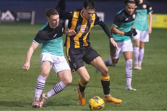 Berwick Rangers' Bayley Klimionek and Gala Fairydean Rovers' Ethan Dougal challenging for possession during their teams' 3-3 draw on Saturday (Photo: Alan Bell)