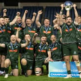 Hawick players celebrating winning this year's Scottish cup final against Edinburgh Academical by 32-29 at the capital's Murrayfield Stadium on Saturday (Photo: Paul Devlin/SNS Group/SRU)
