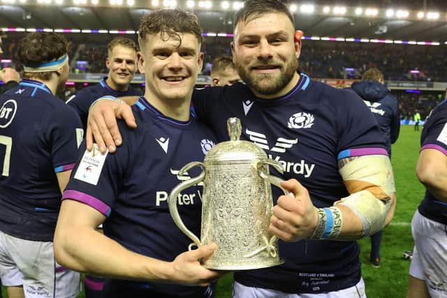 Darcy Graham and fellow ex-Hawick player Rory Sutherland celebrating winning the Calcutta Cup with Scotland against England in February at Edinburgh's Murrayfield Stadium during this year's Six Nations (Photo by Craig Williamson/SNS Group/SRU)