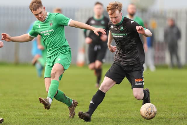 Cameron Falconer on the ball during Greenlaw's 3-2 Border Amateur Football Association A division win at Chirnside United on Saturday (Photo: Brian Sutherland)