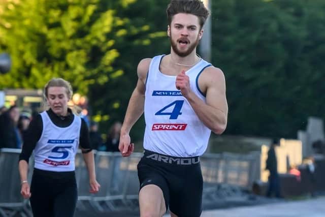 Hawick's Ryan McMichan winning his heat at 2024's Edinburgh new year sprint, held at Grangemouth Stadium on Saturday, on his way to victory in the main event (Photo: Bobby Gavin)