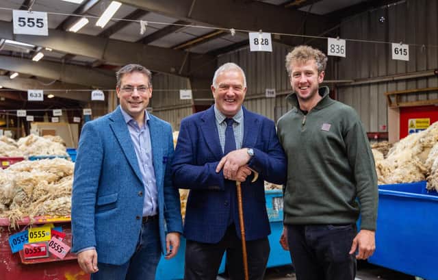 Andrew Hogley, CEO of British Wool, Jim Robertson, chairman of British Wool and Cammy Wilson from The Sheep Game.