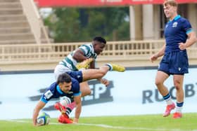 Southern Knights winger Finn Douglas watching Ben Afshar scoring a try for Scotland against Zimbabwe in their World Rugby U20 Trophy pool game on Saturday (Pic: Tony Munge/World Rugby)