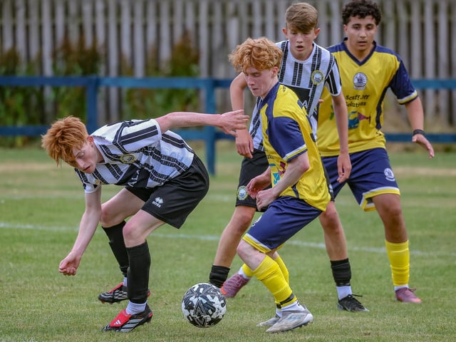 Brody Curran playing for Vale of Leithen under-20s during their first game ever, a 6-1 friendly defeat at home to Dunbar United under-20s last Friday at Victoria Park in Innerleithen (Photo: Hilary Isaac)