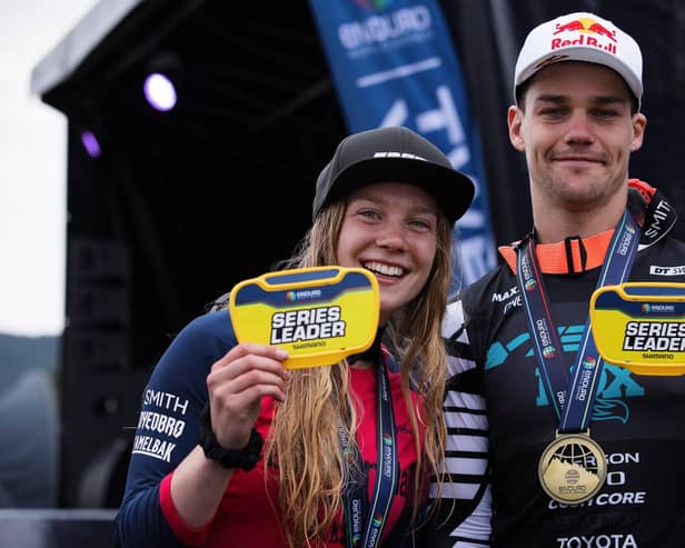 Ella Connolly, left, a Scottish rider who has won for the first time on home soil, and American Richie Rude, the first man to win back-to-back championship titles on the Enduro World Series circuit (picture by Enduro World Series)