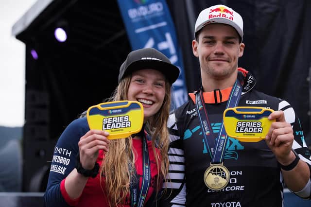 Ella Connolly, left, a Scottish rider who has won for the first time on home soil, and American Richie Rude, the first man to win back-to-back championship titles on the Enduro World Series circuit (picture by Enduro World Series)