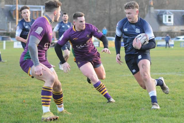 Callum Anderson on the attack during Selkirk's 50-17 loss at home to Marr at Philiphaugh on Saturday in rugby's Scottish Premiership (Photo: Grant Kinghorn)