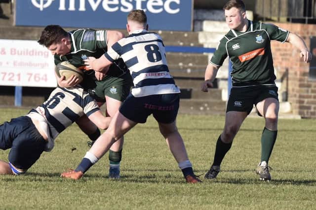A Hawick attack being halted by Heriot's Blues on Saturday (Pic: Malcolm Grant)