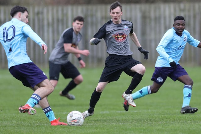 Ian Gardiner intercepting a Kerr Dalgleish pass during Selkirk Victoria's 2-1 loss at home to Gala Hotspur in the Border Amateur Football Association's B division on Saturday (Photo: Brian Sutherland)