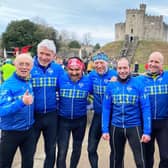 We did it! Cycling Souters’ team members Gordon Hunter, Graham Marshall, Iwan Tukalo, Mike Hall, Allen Jamieson, Tommy Knox, Kevin Fairbairn, Kenny Pearce and David Anderson in front of Cardiff Castle after reaching the finish line (picture by John Smail)