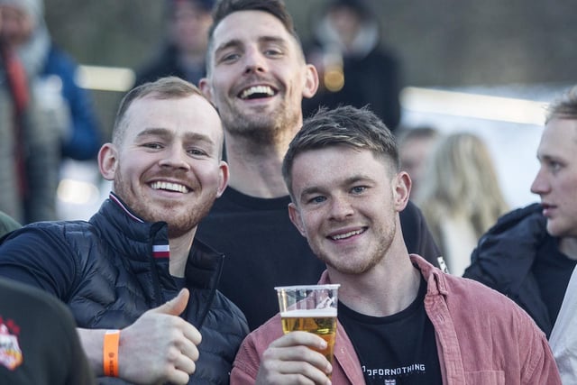 Jed-Forest players Gary Munro, Gregor Young and Nik Stingl enjoying the semi-finals at Melrose Sevens after being knocked out