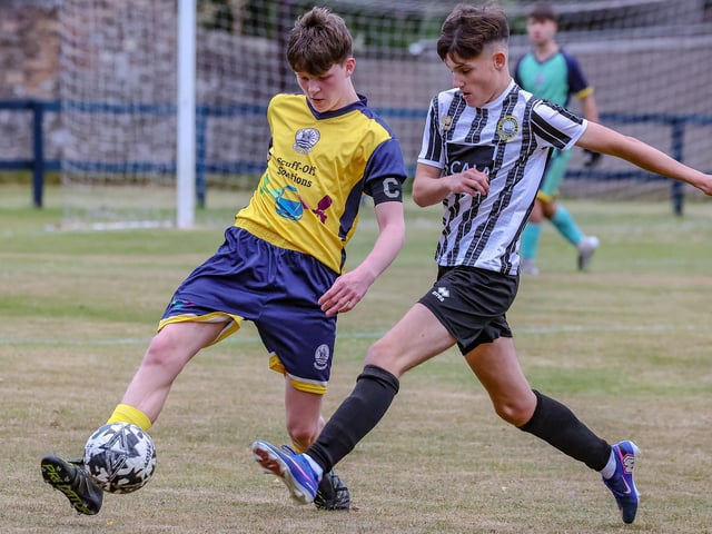Arran McArthur in action for Vale of Leithen under-20s during their first game ever, a 6-1 friendly defeat at home to Dunbar United under-20s last Friday at Victoria Park in Innerleithen (Photo: Hilary Isaac)