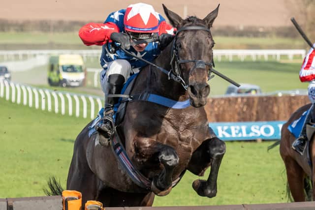Craig Nichol riding Bella Bluesky to a first-placed finish for Hawick trainer Ewan Whillans at Kelso yesterday (Photo: Kelso Races)