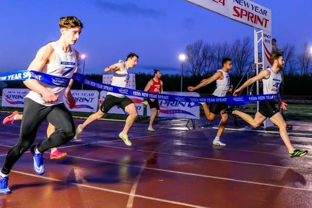 Hawick's Ryan McMichan, far right, winning 2024's Edinburgh new year sprint, held at Grangemouth Stadium on Saturday, in 11.35 seconds from a mark of 8.5m, with Central Athletic Club's Lewis Miller, far left, second in 11.44, from 10.5m (Photo: Bobby Gavin)