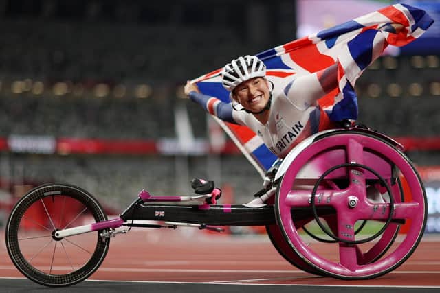 Samantha Kinghorn celebrates winning a bronze medal after competing in the women's 100m T53 final at the Tokyo 2020 Paralympic Games today (Photo by Naomi Baker/Getty Images)