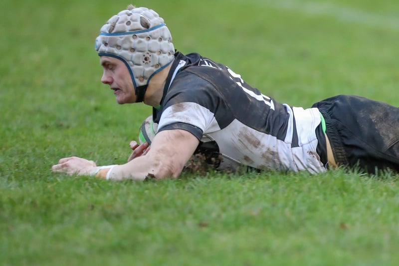Dwain Patterson scoring a try during Kelso's 48-12 win at Jed-Forest's Riverside Park on Saturday in rugby's Scottish Premiership (Photo: Brian Sutherland)