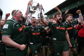 Hawick players celebrating winning rugby's Tennent's Premiership against Currie Chieftains on Saturday (Pic: Steve Cox)