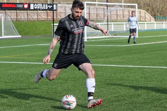Duns Amateurs in possession during their 4-0 South of Scotland Amateur Cup semi-final loss to Lanark's Kirkfield United at Netherdale in Galashiels on Saturday (Photo: Brian Sutherland)