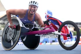 Wheelchair athlete Samantha Kinghorn celebrating after winning the women's 100m T53 final on day seven of 2023's Para Athletics World Championships in Paris on Friday (Photo by Alexander Hassenstein/Getty Images)
