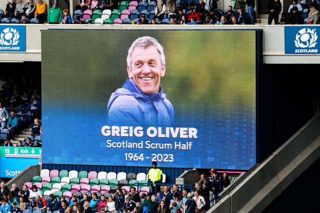A photo of former internatiomal scrum-half Greig Oliver was screened as a tribute during Scotland's 25-21 win against France at Edinburgh's Murrayfield Stadium in August (Photo by Ross MacDonald/SNS Group/SRU)