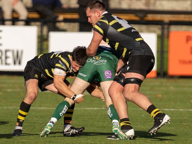 Angus Runciman and Patrick Anderson defending for Melrose as they beat Hawick 33-12 at home at the Greenyards on Saturday (Photo: Andy McLean)