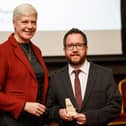 Heather Lamont, director of client investments at sponsor CCLA, presents Euan Jardine with his highly commended award in 2019.