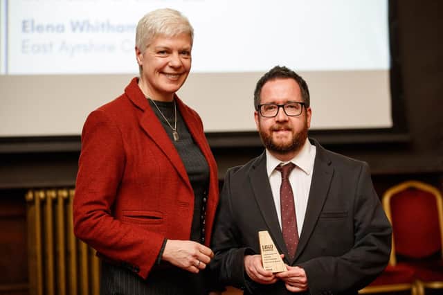Heather Lamont, director of client investments at sponsor CCLA, presents Euan Jardine with his highly commended award in 2019.