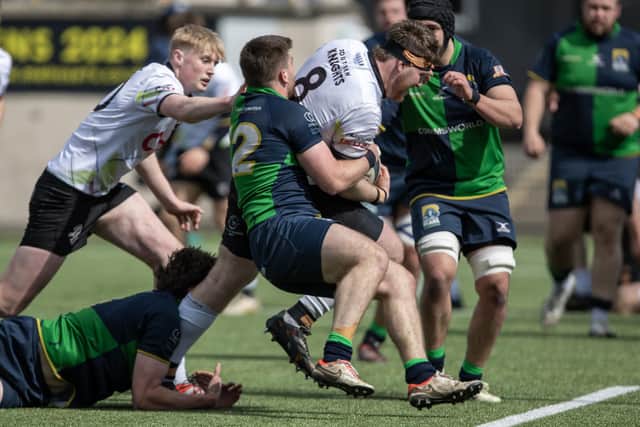 No 8 Marcus Rhodes on the ball during Southern Knights' 34-17 Fosroc Super Series Sprint win at home to Boroughmuir Bears at Melrose's Greenyards on Saturday (Photo: Craig Murray)