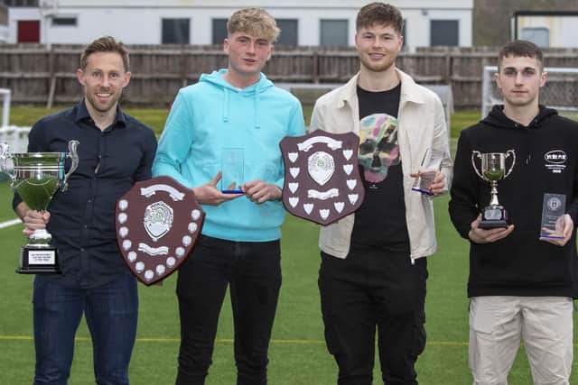 Gala Fairydean Rovers 2023 award-winners, from left, Danny Galbraith, Ciaran Greene, Ciaren Chalmers and Quinn Mitchell (Photo: Thomas Brown)