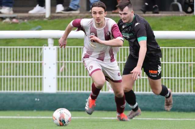 Christopher Nicholson in possession during Langlee Amateurs' 4-1 South of Scotland Amateur Cup semi-final win versus Greenlaw at Netherdale in Galashiels on Saturday (Photo: Brian Sutherland)