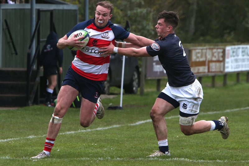 Scott Stoddart on the ball for Peebles during their 15-5 loss to Selkirk at Berwick Sevens