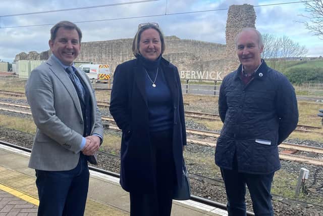 Ian Aitchison, Anne-Marie Trevelyan and James Boulton at Berwick station.