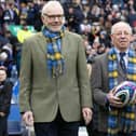 Roy Laidlaw, right, and John Rutherford delivering the match-ball for Scotland's 20-16 Six Nations loss to France at Edinburgh's Murrayfield Stadium on Saturday (Photo: Craig Williamson/SNS Group/SRU)