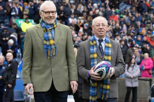 Roy Laidlaw, right, and John Rutherford delivering the match-ball for Scotland's 20-16 Six Nations loss to France at Edinburgh's Murrayfield Stadium on Saturday (Photo: Craig Williamson/SNS Group/SRU)