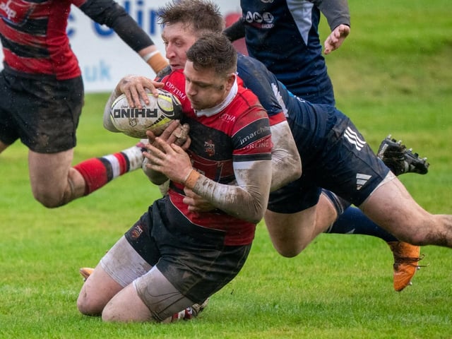 Andrew McColm making a tackle for Selkirk during their 29-12 loss at home to Stirling County at Philiphaugh on Saturday (Photo: Bryan Robertson)