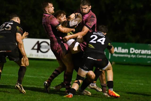 A Southern Knights attack being halted by Ayrshire Bulls on Friday night (Photo: George McMillan)
