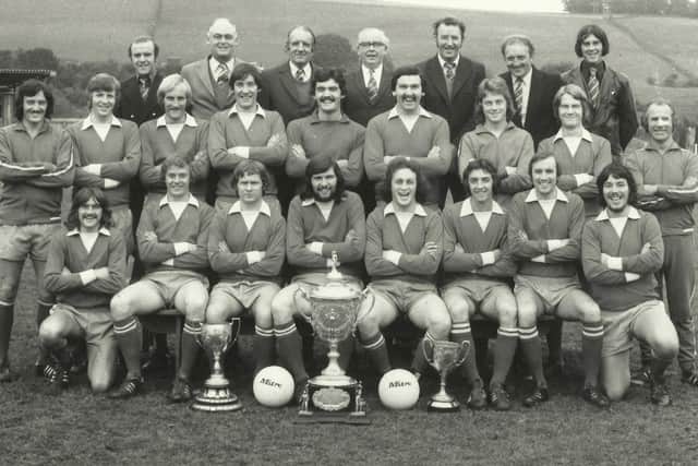Brian McConnell, in the middle row fourth from the right with his brother Davie to his right, lining up for Selkirk for the 1975/76 season