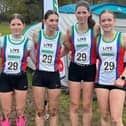 Gala's U15/U17 girls' team of, from left, Ava Richardson, Kacie  Brown, Kirsty  Rankine, Jaidyn Brown and Poppy Lunn at Saturday's east district cross-country league meeting at Dundee (Pic: Gala Harriers)