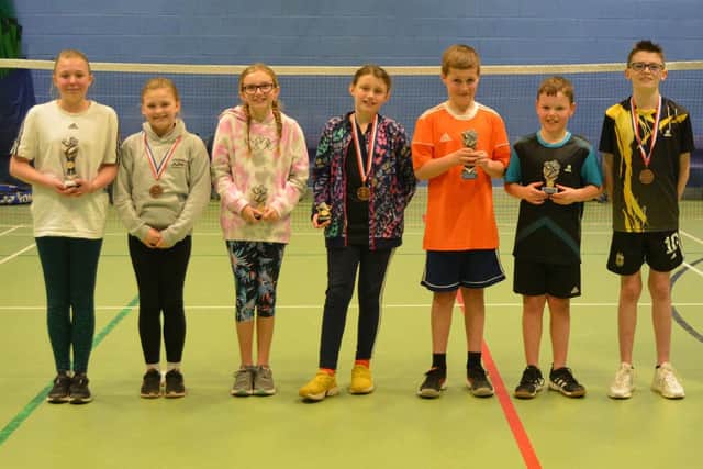 Borders Primary School Badminton Championships winners, from left, Lily and Khloe Naysmith, Chloe Aitchison, Lily Peden, Kian and Cole Morrison and Angus Barry