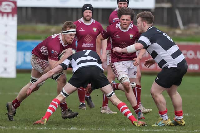 Gala on the attack during their 28-17 Border League loss at home to Kelso at Netherdale on Saturday (Photo: Brian Sutherland)