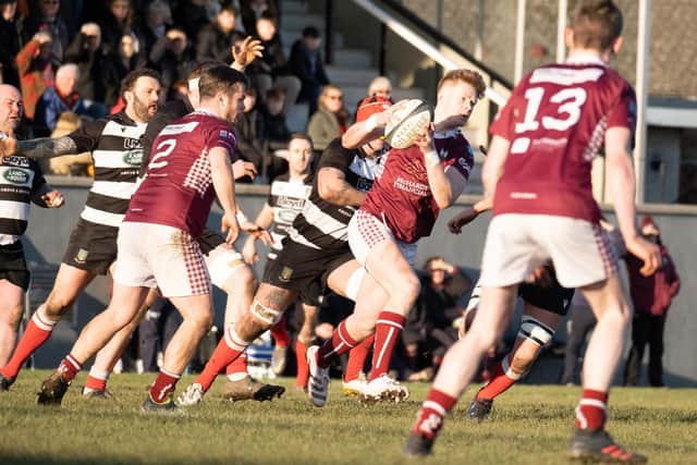 Harris Rutherford on the ball for Gala during his side's 36-31 victory at Kelso on Saturday (Photo: Charles Brooker)