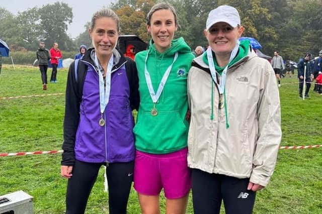 Gala Harriers' ladies' masters team of Katy Barden, Sara Green and Pamela Baillie at Livingston (Pic: Gillian Lunn)