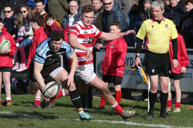 Glasgow and the West in possession during their 27-25 loss to South of Scotland in rugby's national inter-district championship at Kelso's Poynder Park on Saturday (Photo: Steve Cox)