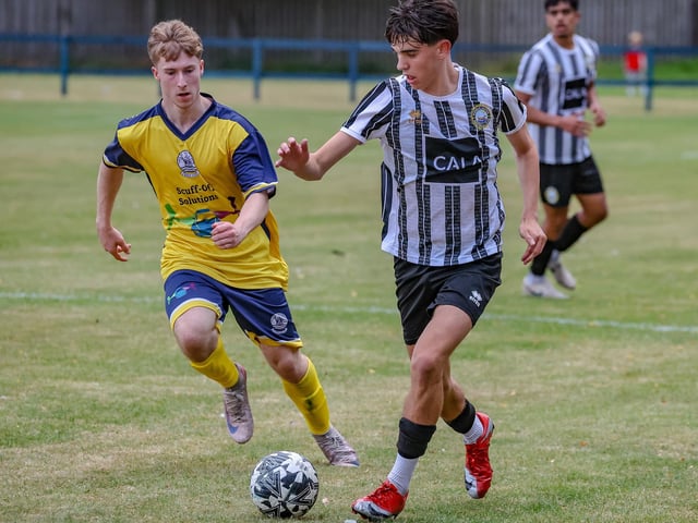 Goal-scorer Alex Burns, left, in action for Vale of Leithen under-20s during their first game ever, a 6-1 friendly defeat at home to Dunbar United under-20s last Friday at Victoria Park in Innerleithen (Photo: Hilary Isaac)
