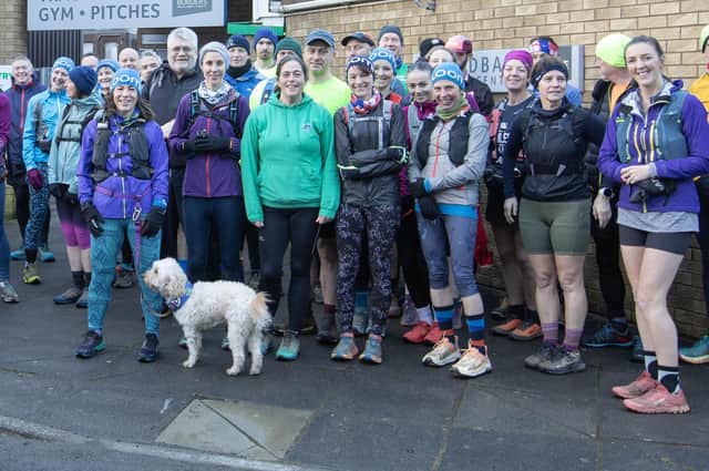 Some of the 80-plus participants about to set off on Lauderdale Limpers and Gala Harriers' social run from Tweedbank to Lauder on Tuesday