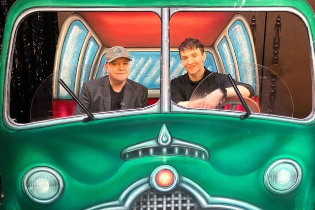 Edinburgh Evening News Entertainment Editor Liam Rudden and Riff Raff Kristian Lavercombe go for a drive in Brad and Janet's car from The Rocky Horror Show