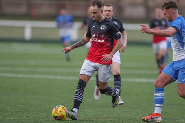 Goal-scorer Jordan Hunter in action during Gala Fairydean Rovers' 3-1 win at home to Luncarty at Netherdale on Saturday in round four of this year's East of Scotland Qualifying Cup (Photo: Brian Sutherland)