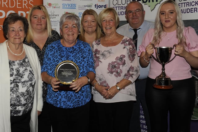 Gala Waverley Bowling Club's ladies' section being presented with their Club Sport Ettrick and Lauderdale award for team of the year by Stuart Scott