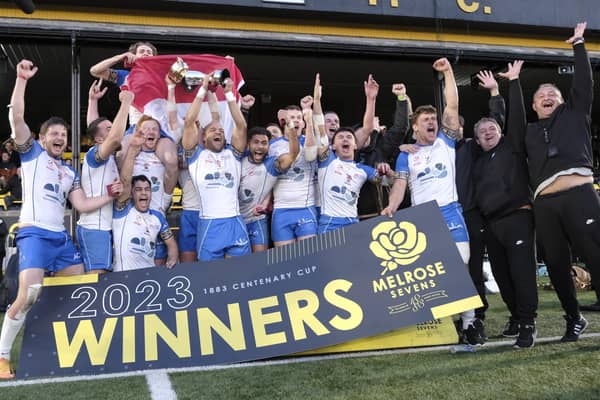 Monaco Impis lifting the 1883 Centenary Cup after winning 2023's Melrose Sevens (Photo: Rob Gray)